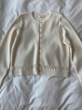 Sézane white merino wool cardigan with lace trim and buttons